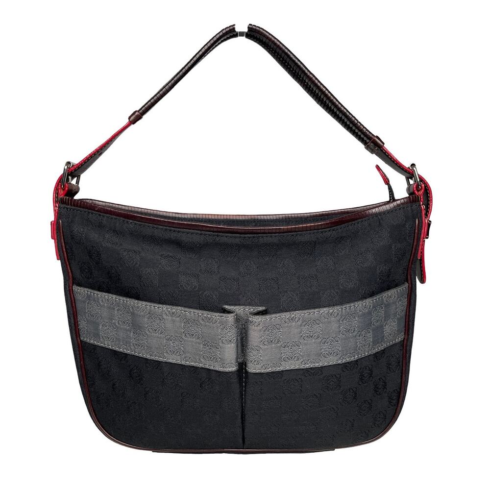 Loewe Vintage Jacquard Logo Hand Bag Black Gray Fabric Leather Red Trim Edging
